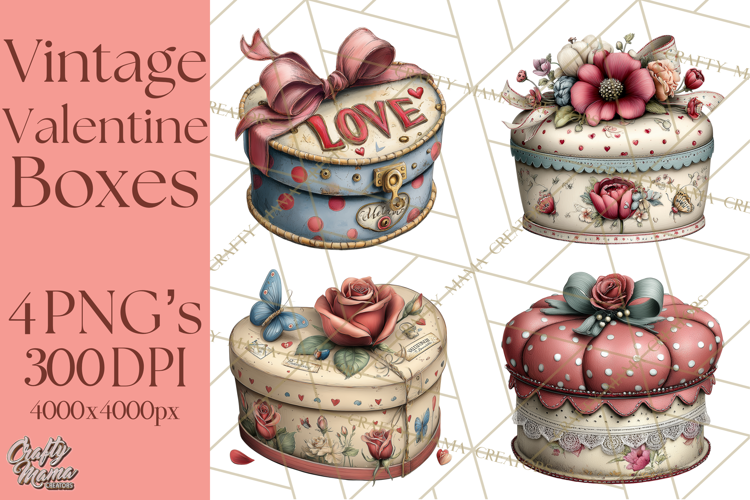 Vintage Valentine Gift Boxes Clipart PNG, Romantic Heart