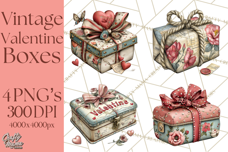 Vintage Valentine Gift Boxes Clipart PNG, Romantic Heart