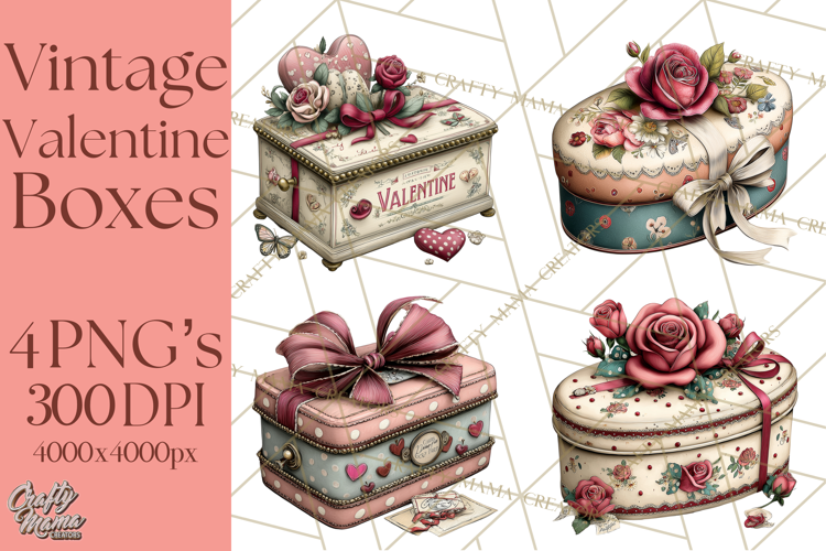 Vintage Valentine Gift Boxes Clipart PNG, Romantic Heart