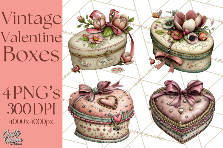 Vintage Valentine Gift Boxes Clipart PNG, Romantic Heart