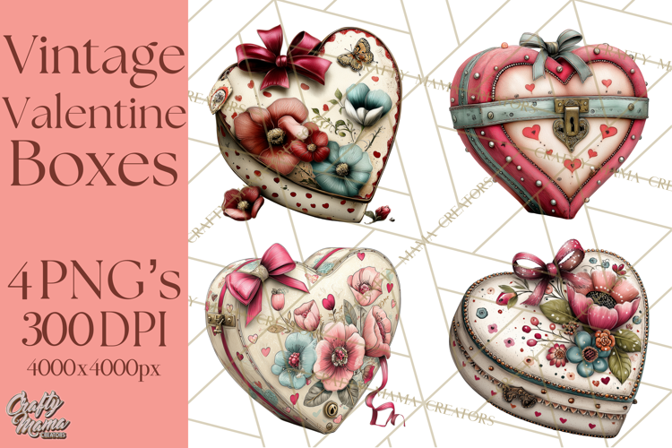 Vintage Valentine Gift Boxes Clipart PNG, Romantic Heart