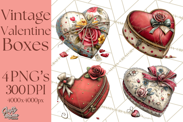 Vintage Valentine Gift Boxes Clipart PNG, Romantic Heart