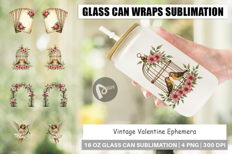 Vintage Valentine Ephemera Glass Can