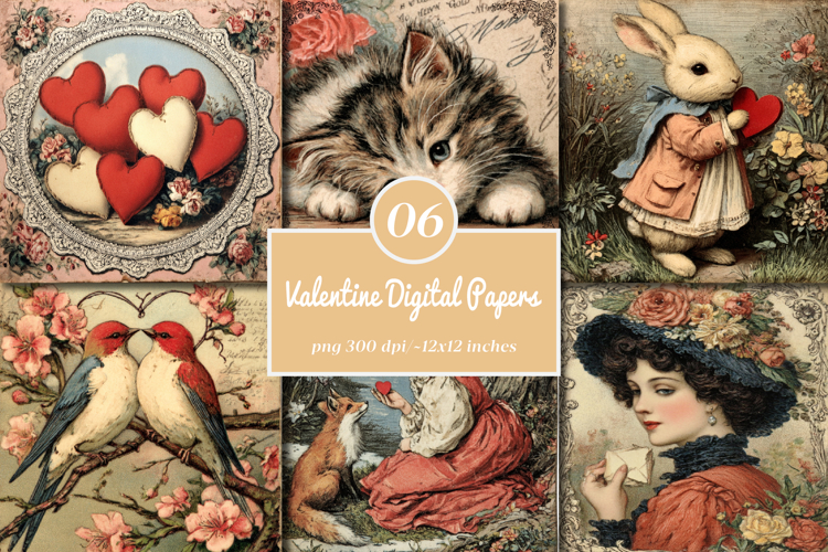 Vintage Valentine Ephemera Digital Paper- Valentine Ephemera