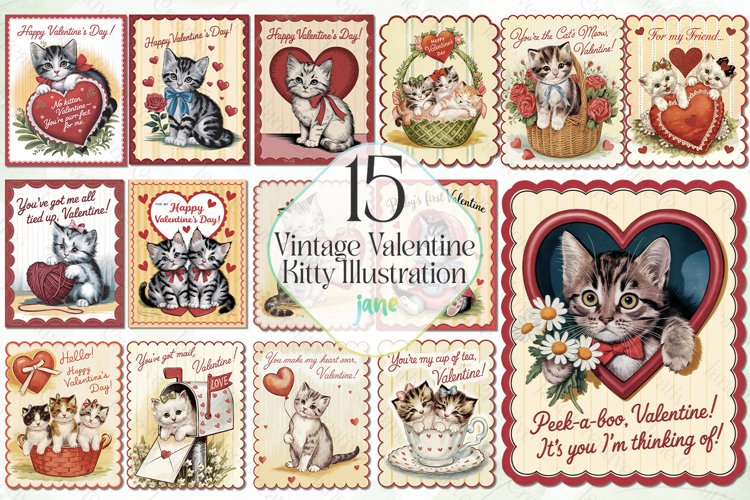 Vintage Valentine Kitty Card Illustration Clipart