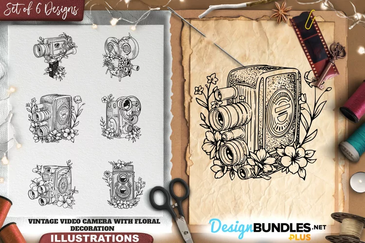 Vintage Video Camera With Floral Decoration Illustrations