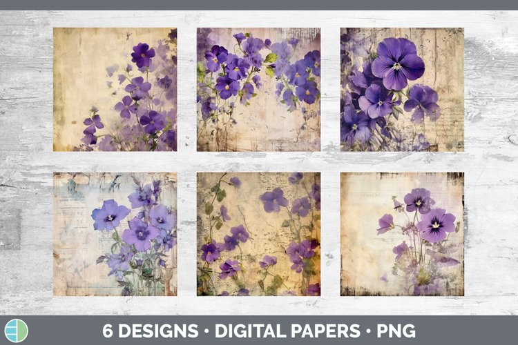 Bundle of six Decoupage Violets Paper Backgrounds designs.