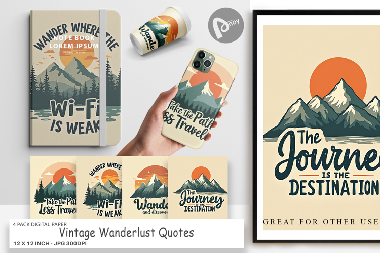Digital Paper Vintage Wanderlust Quotes