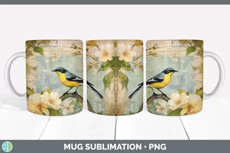 Vintage Warbler Bird Mug Wrap | Sublimation Coffee Cup Desig