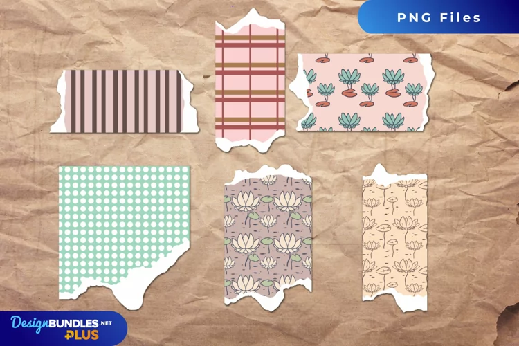 Vintage Water Lily Flowers Pattern Torn Paper