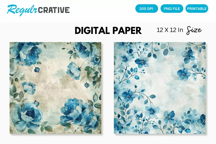 Vintage Watercolor Blue Floral Seamless Digital Paper