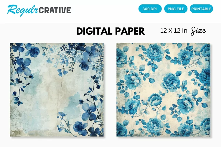 Vintage Watercolor Blue Floral Seamless Digital Paper