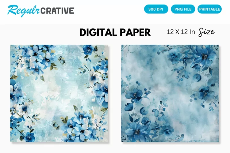 Vintage Watercolor Blue Floral Seamless Digital Paper