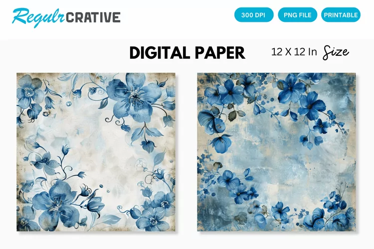 Vintage Watercolor Blue Floral Seamless Digital Paper