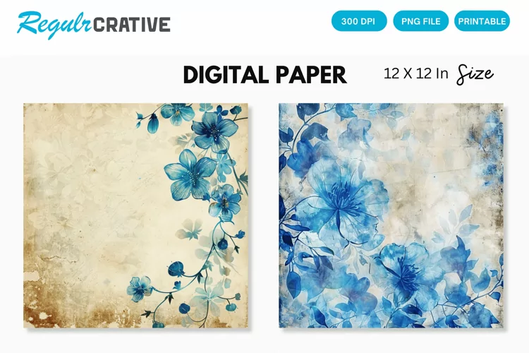 Vintage Watercolor Blue Floral Seamless Digital Paper