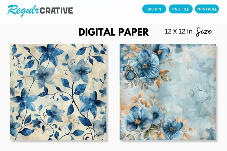 Vintage Watercolor Blue Floral Seamless Digital Paper