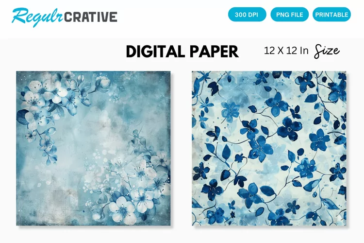 Vintage Watercolor Blue Floral Seamless Digital Paper