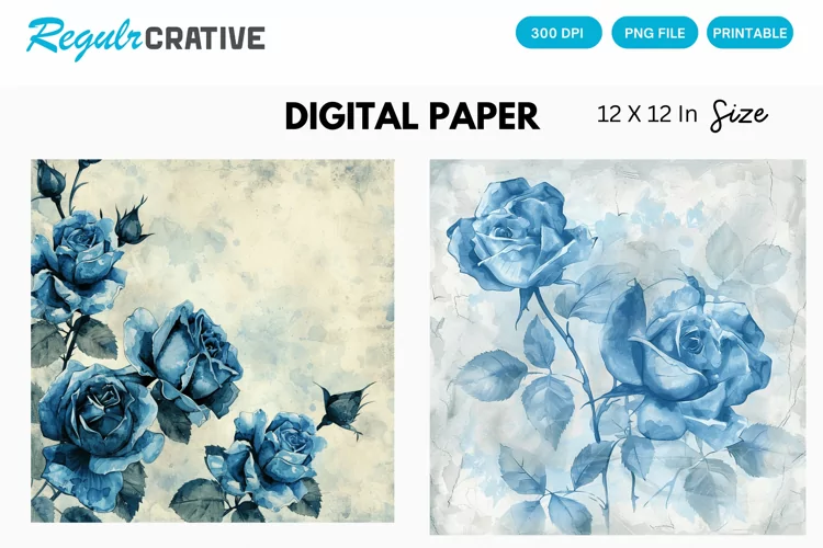 Vintage Watercolor Blue Rose Digital Paper