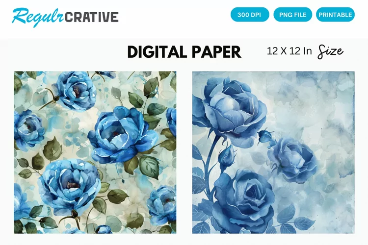 Vintage Watercolor Blue Rose Digital Paper