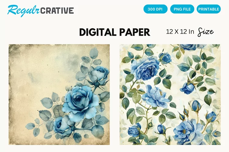 Vintage Watercolor Blue Rose Digital Paper