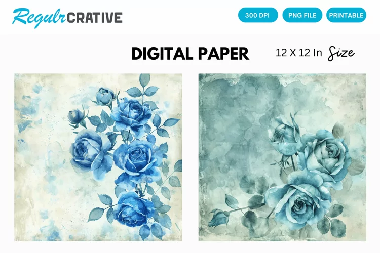 Vintage Watercolor Blue Rose Digital Paper