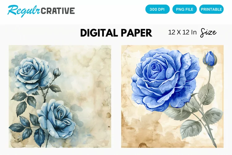Vintage Watercolor Blue Rose Digital Paper