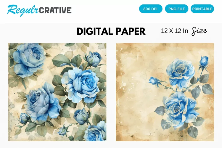 Vintage Watercolor Blue Rose Digital Paper