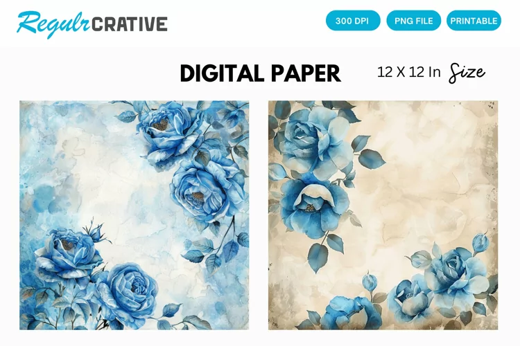 Vintage Watercolor Blue Rose Digital Paper