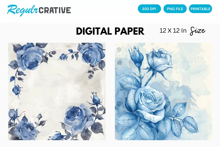 Vintage Watercolor Blue Rose Digital Paper
