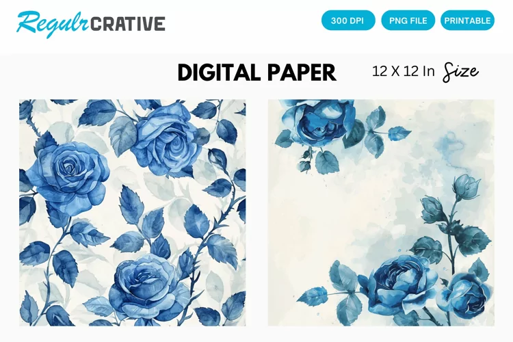 Vintage Watercolor Blue Rose Digital Paper