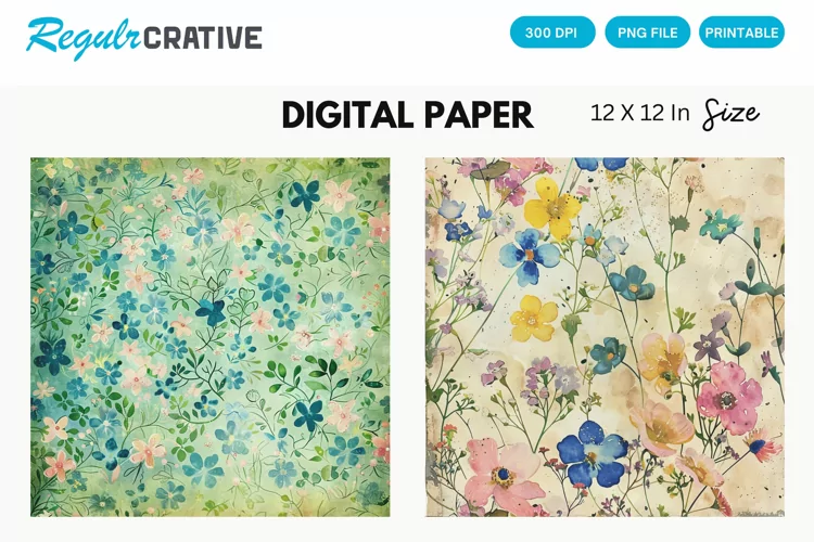 Vintage Watercolor Ditsy Spring Flowers Digital Paper