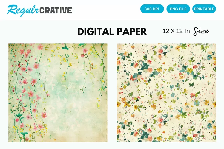 Vintage Watercolor Ditsy Spring Flowers Digital Paper
