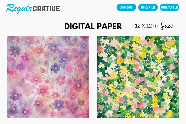 Vintage Watercolor Ditsy Spring Flowers Digital Paper