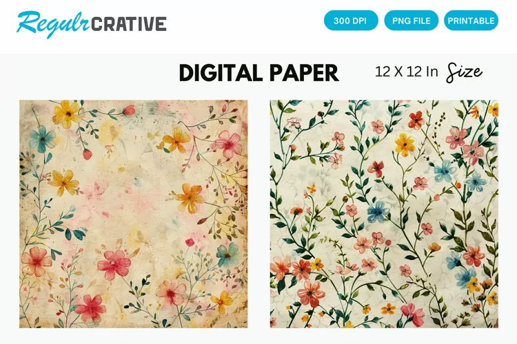 Vintage Watercolor Ditsy Spring Flowers Digital Paper