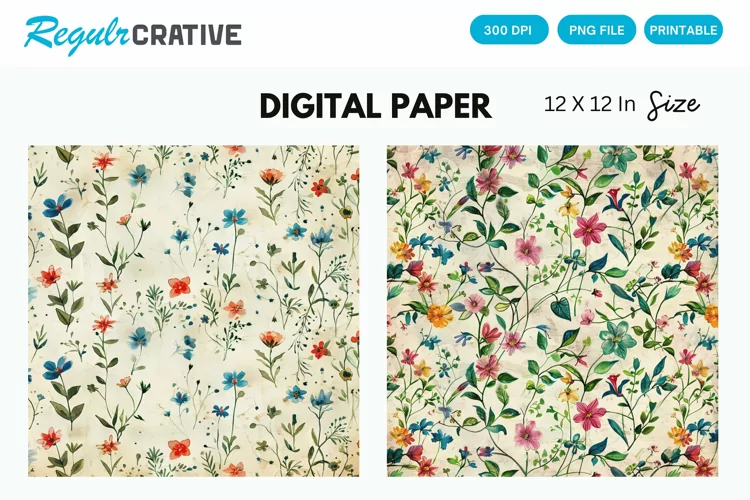 Vintage Watercolor Ditsy Spring Flowers Digital Paper