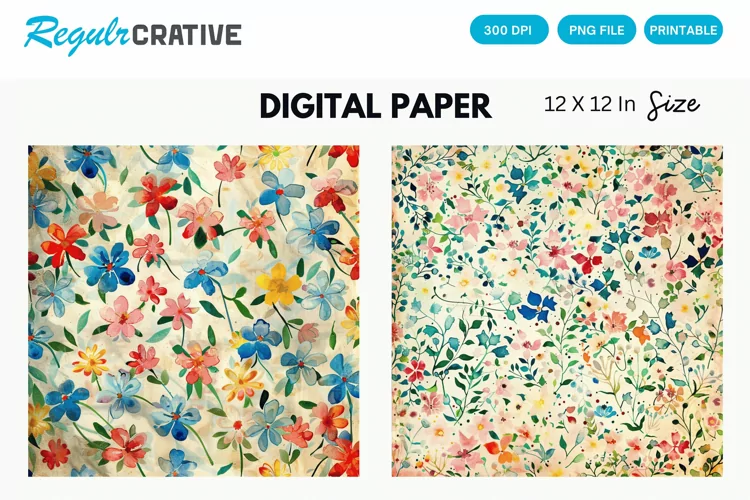 Vintage Watercolor Ditsy Spring Flowers Digital Paper