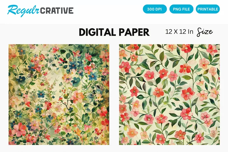 Vintage Watercolor Ditsy Spring Flowers Digital Paper