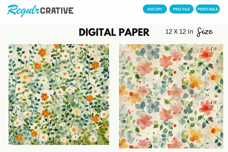 Vintage Watercolor Ditsy Spring Flowers Digital Paper