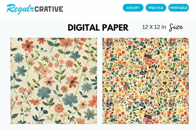 Vintage Watercolor Ditsy Spring Flowers Digital Paper