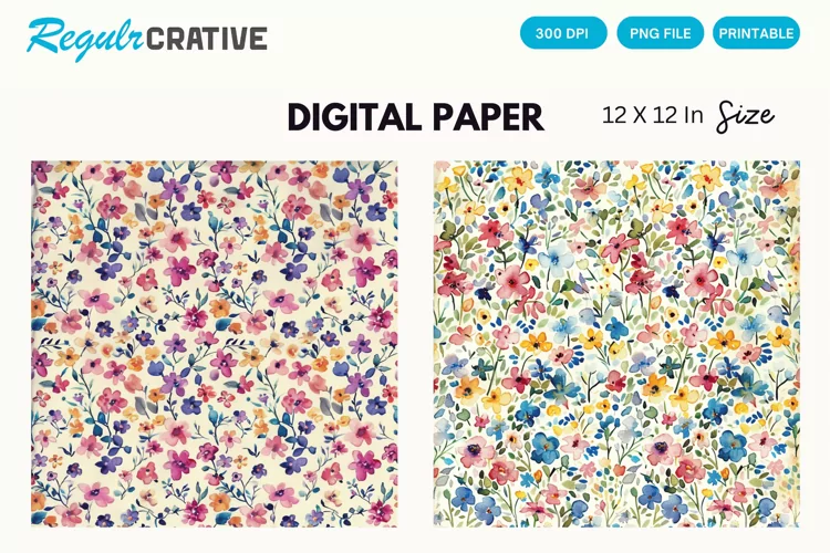 Vintage Watercolor Ditsy Spring Flowers Digital Paper
