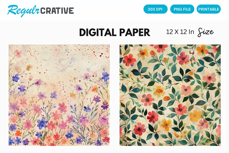 Vintage Watercolor Ditsy Spring Flowers Digital Paper