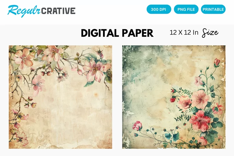 Vintage Watercolor Floral Digital Paper, Floral Background