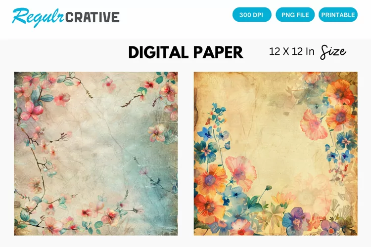 Vintage Watercolor Floral Digital Paper, Floral Background