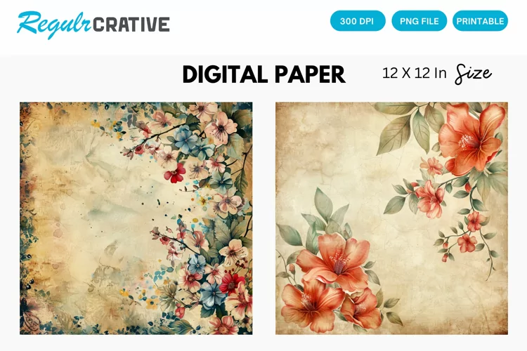 Vintage Watercolor Floral Digital Paper, Floral Background