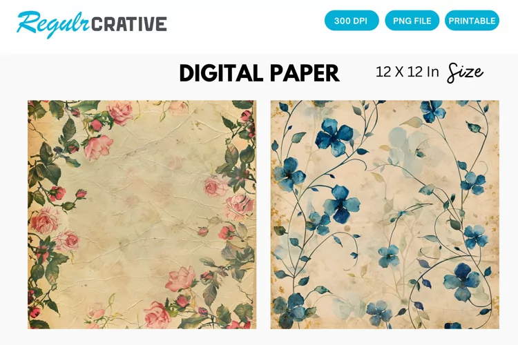 Vintage Watercolor Floral Digital Paper, Floral Background