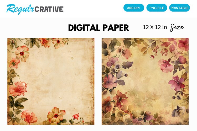 Vintage Watercolor Floral Digital Paper, Floral Background