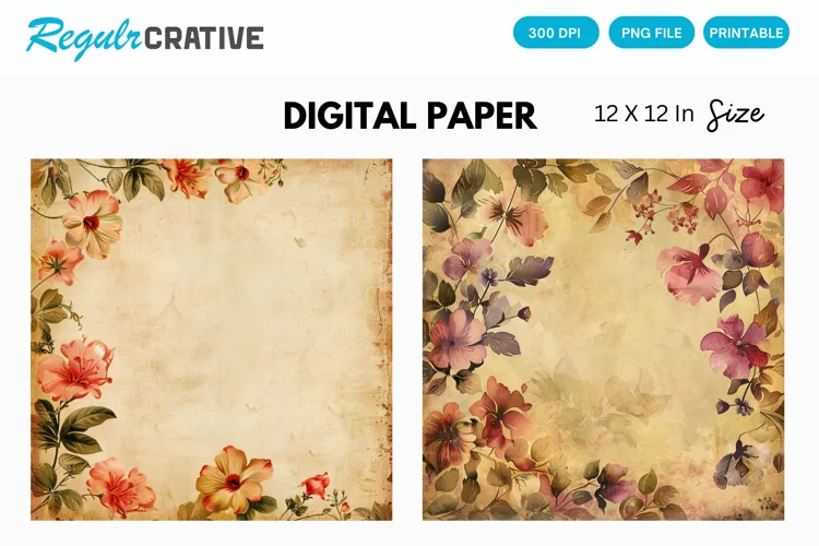 Vintage Watercolor Floral Digital Paper, Floral Background