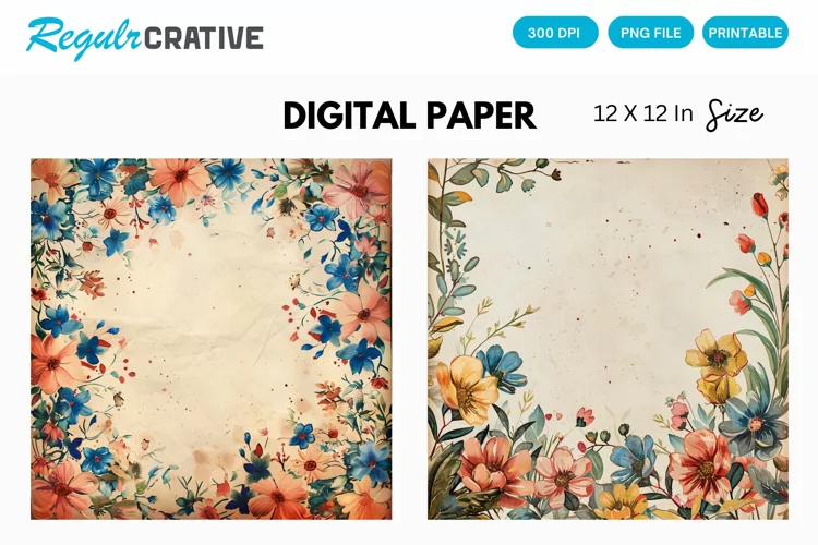 Vintage Watercolor Floral Digital Paper, Floral Background