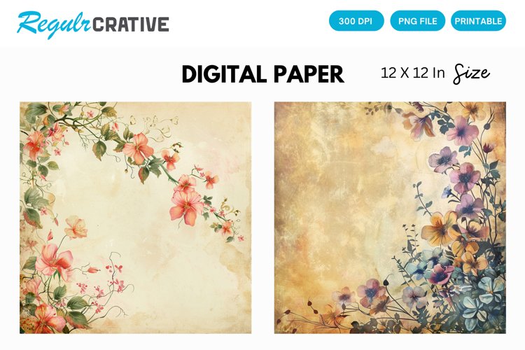 Vintage Watercolor Floral Digital Paper, Floral Background