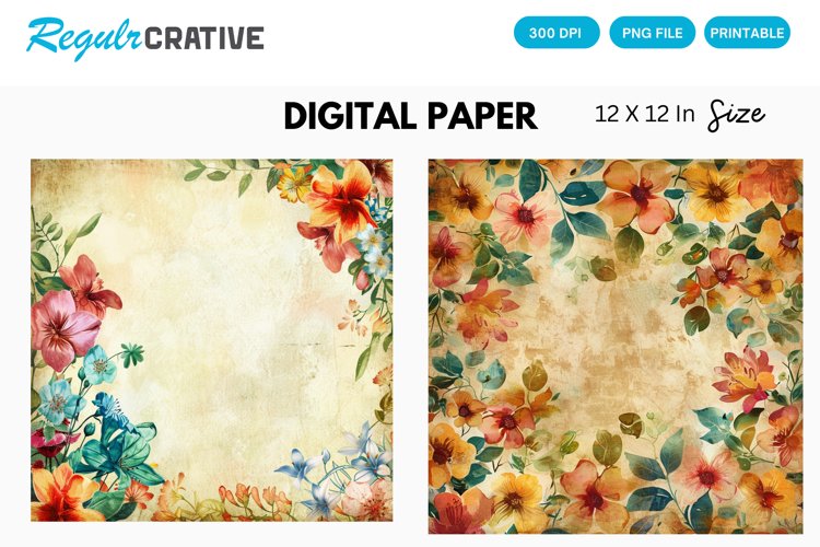 Vintage Watercolor Floral Digital Paper, Floral Background
